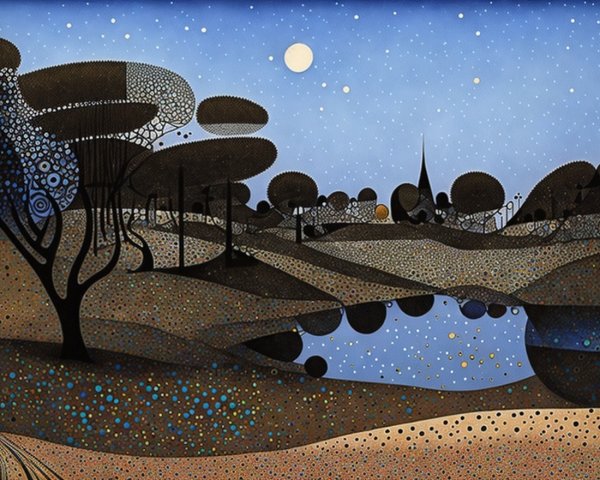Twilight Landscape with Lake and Silhouette of Steeple