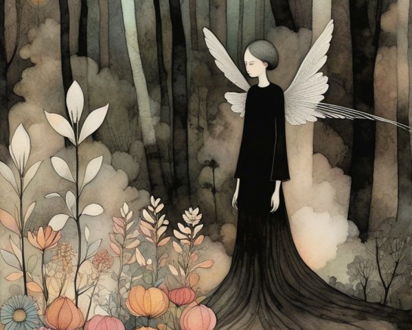 Mystical Forest Scene with Ethereal Flowers and Wings