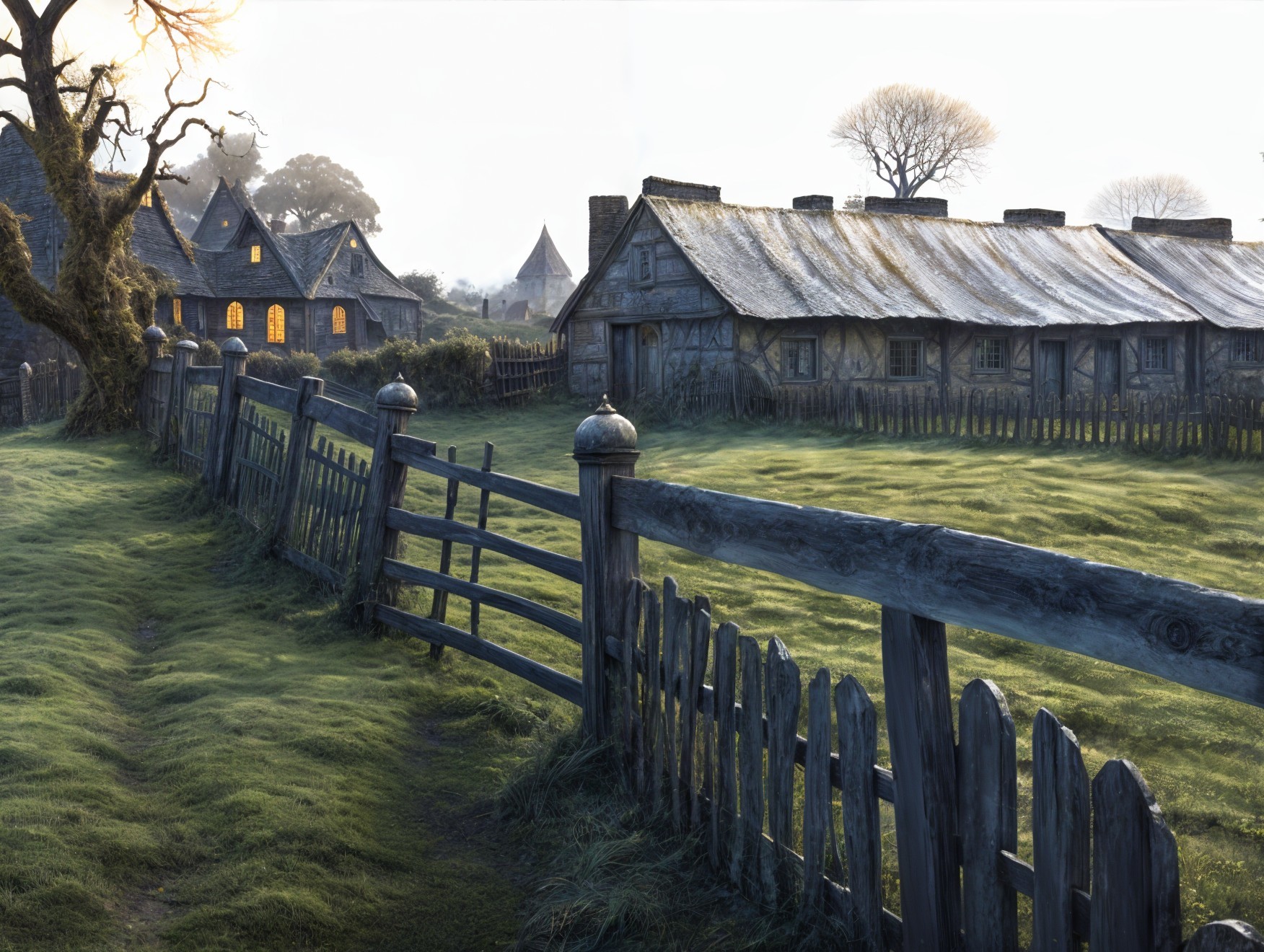 Serene Rural Scene with Rustic Houses and Fencing
