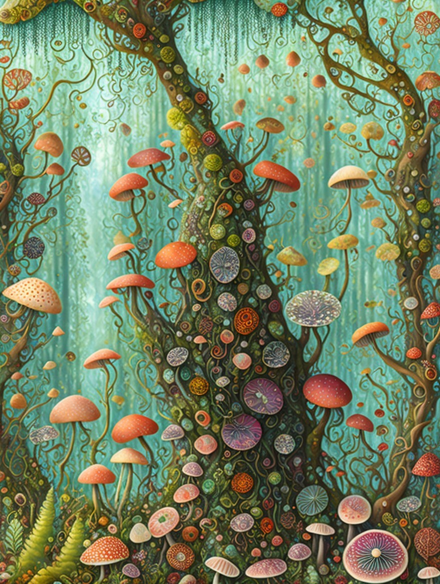 Vibrant Forest Scene with Colorful Mushrooms and Foliage