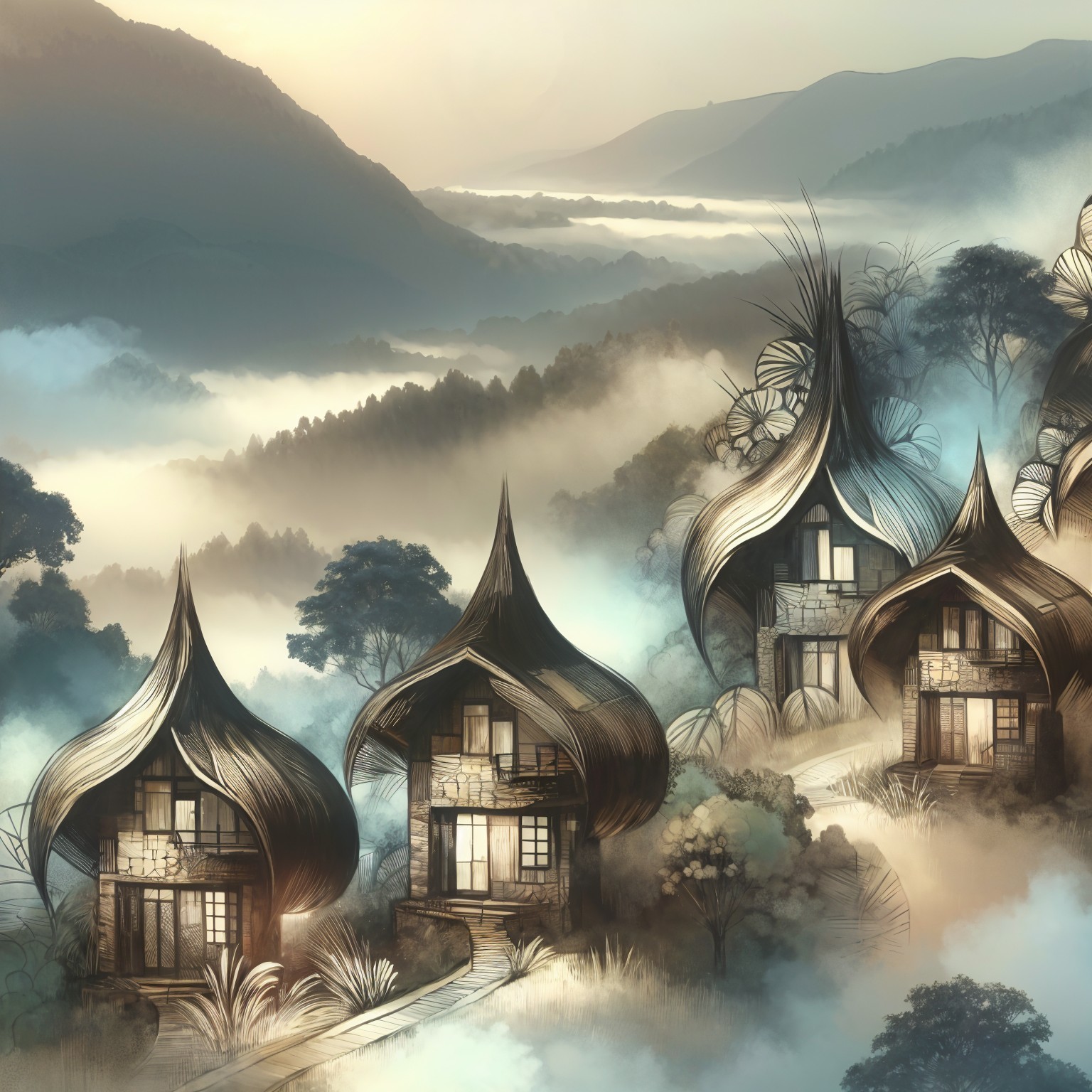 Dreamy Landscape with Unique Houses and Lush Nature