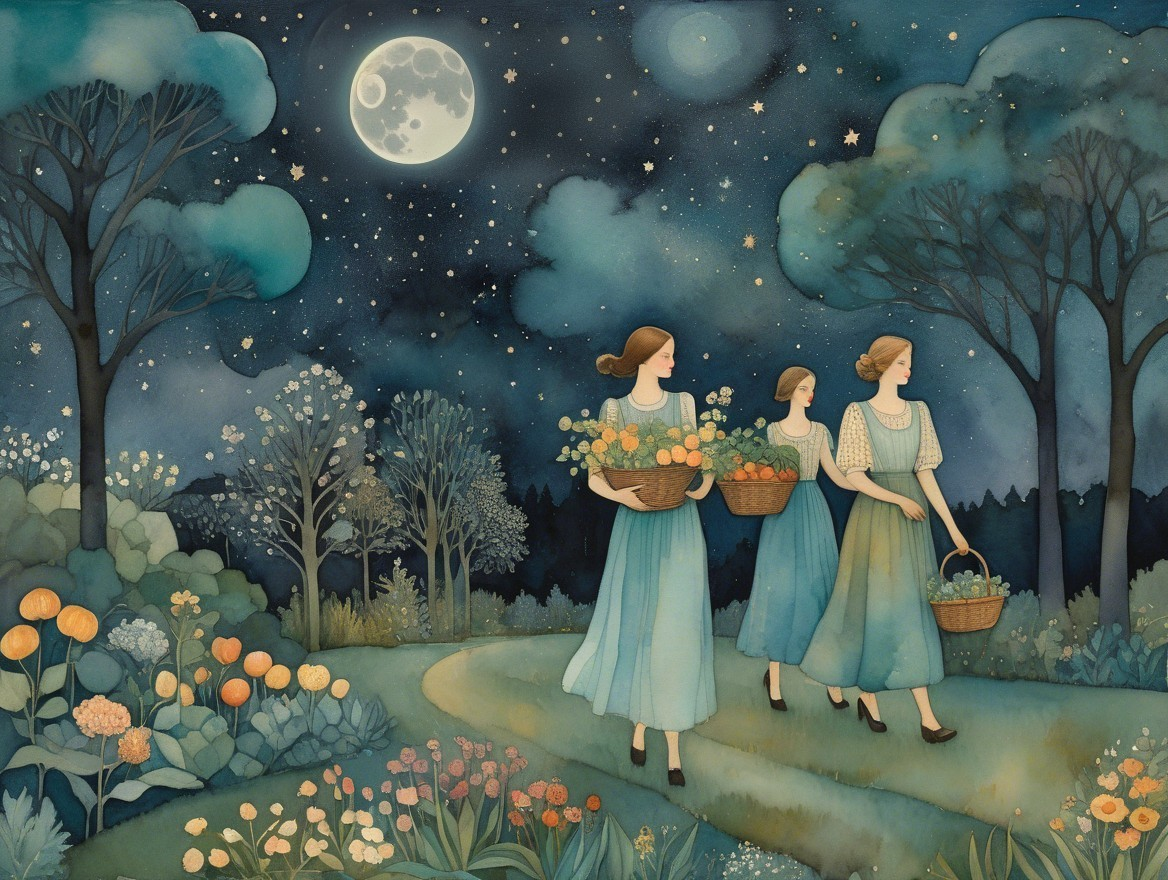Serene Night Scene with Women and Floral Baskets