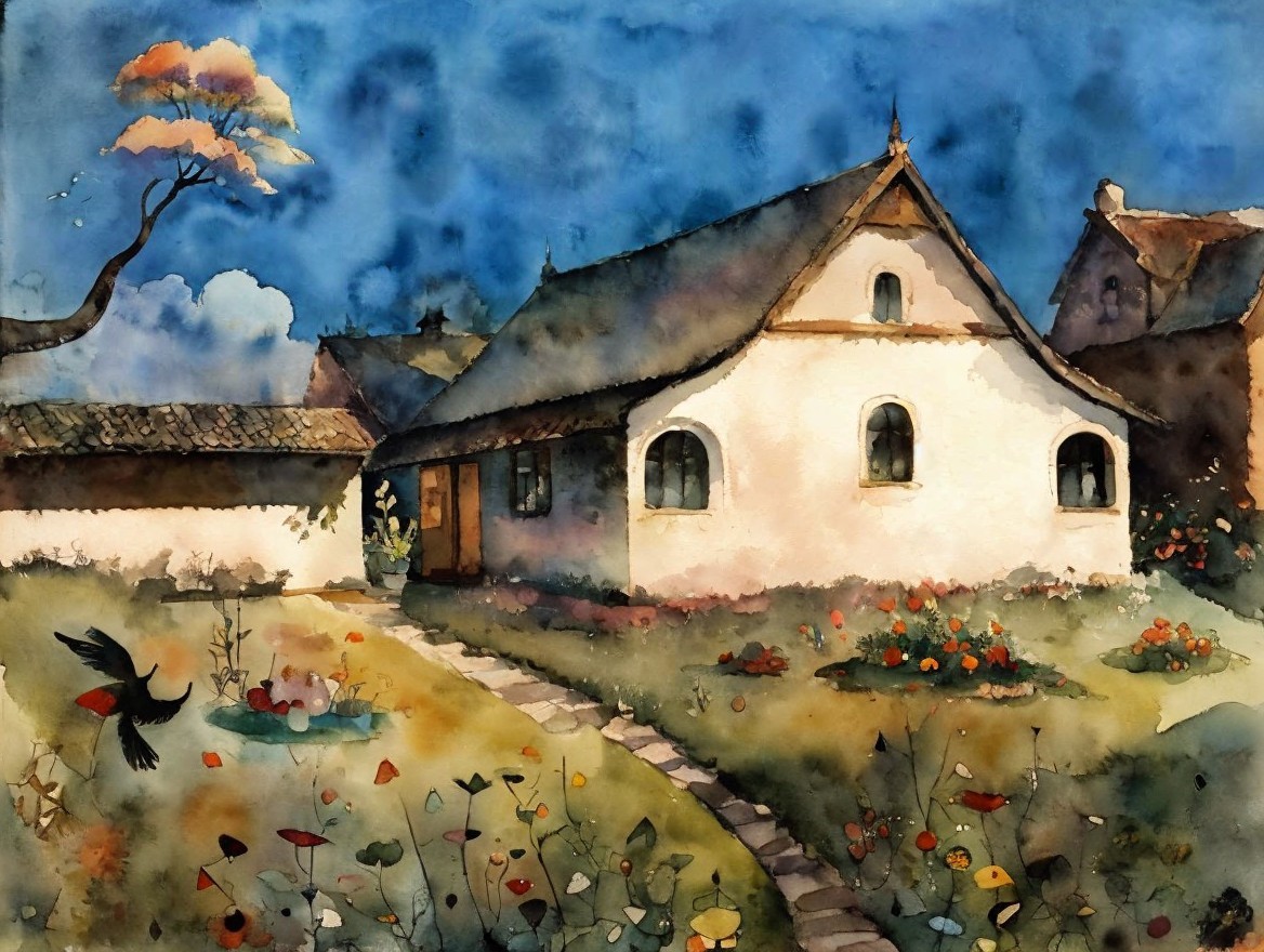 Watercolor of a Cottage in a Colorful Garden Setting