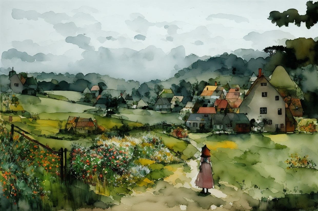 Serene village scene with lush fields and red cloak figure