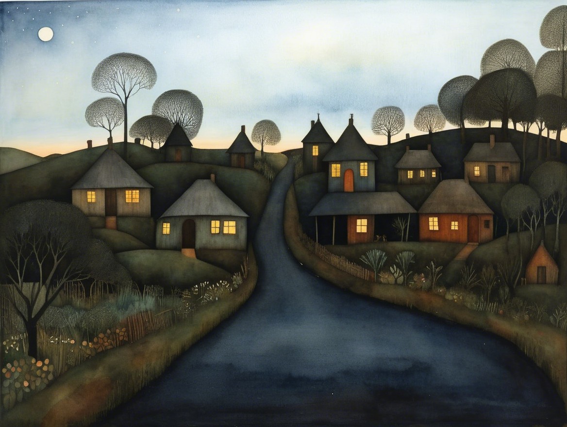 Countryside Scene at Dusk with Cottages and Nature
