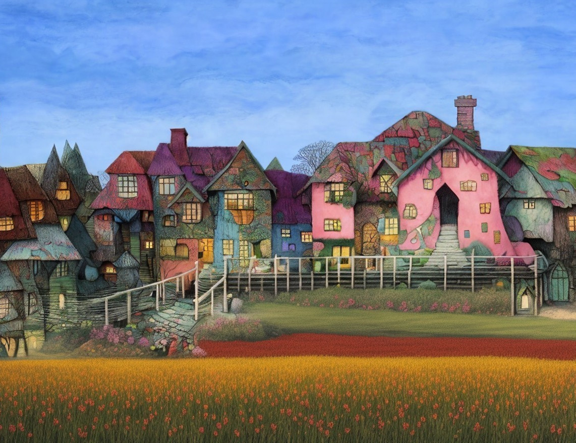 Whimsical Landscape with Colorful Fairy-Tale Cottages