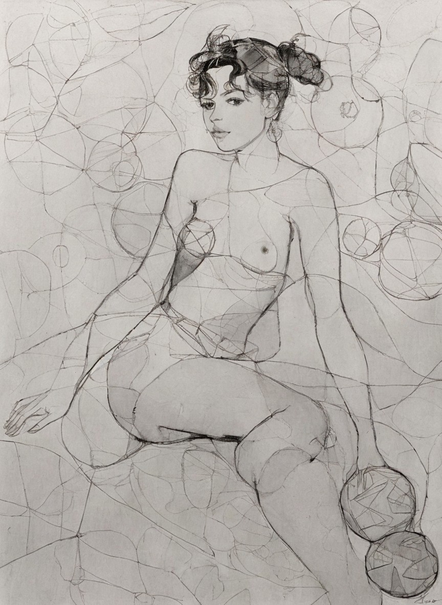Seated Woman with Ball in Light Sketchy Style