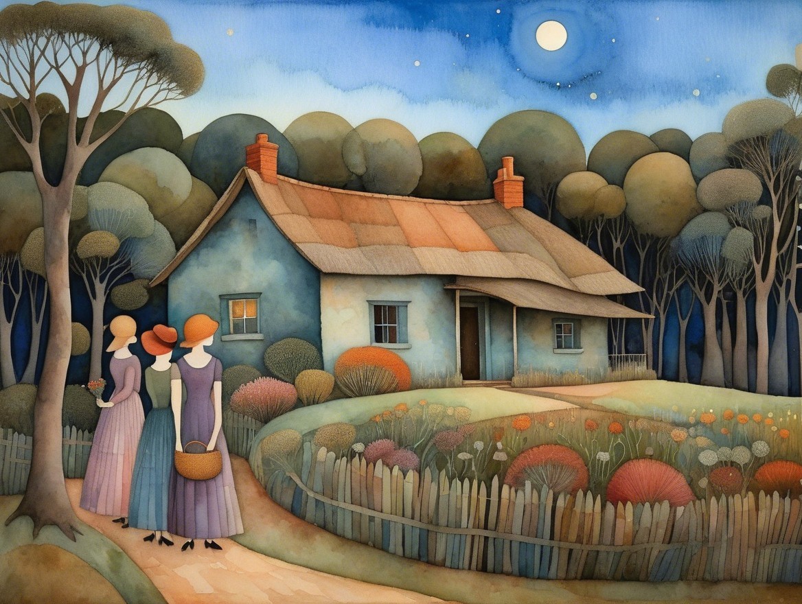Elegant Women by a Charming Cottage at Night
