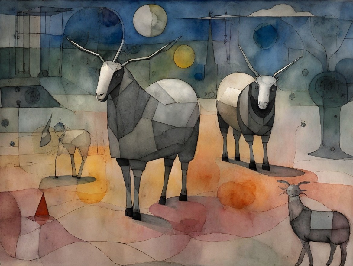 Abstract Geometric Animals in Whimsical Landscape