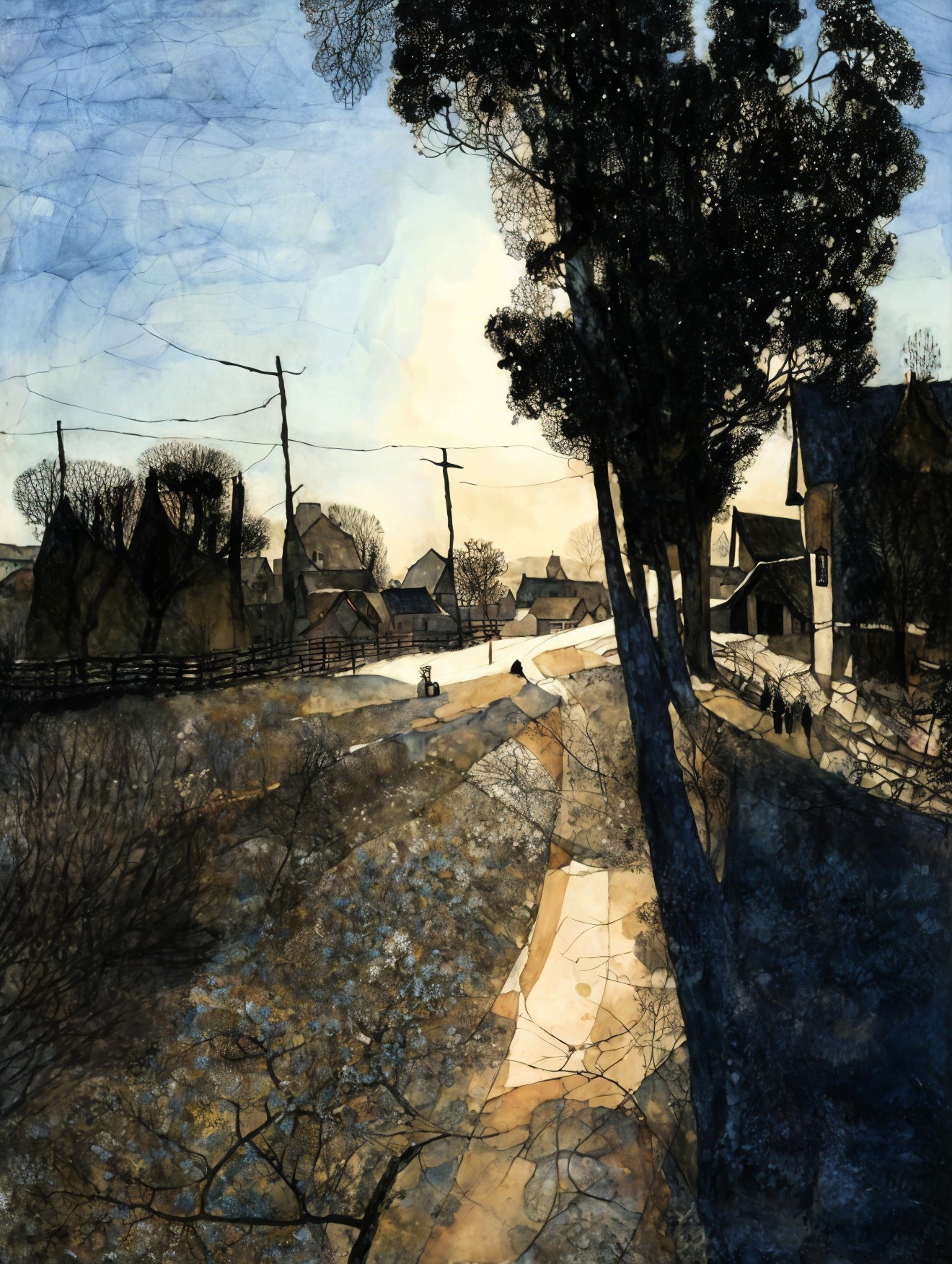 Serene Village Scene with Soft Sunlight and Nostalgia
