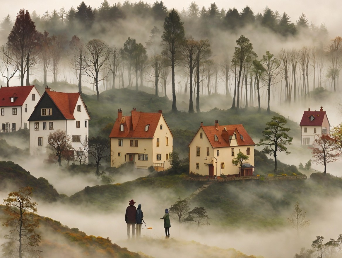Serene misty landscape with quaint houses and trees