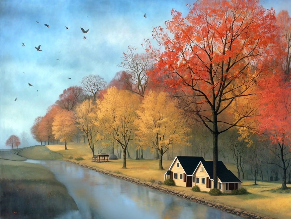 Autumn Landscape with River and Colorful Foliage