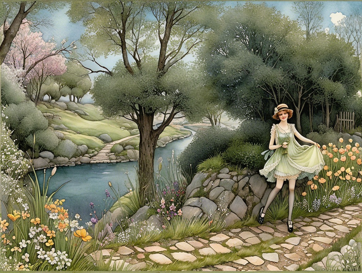 Whimsical River Scene with Lush Greenery and Flowers