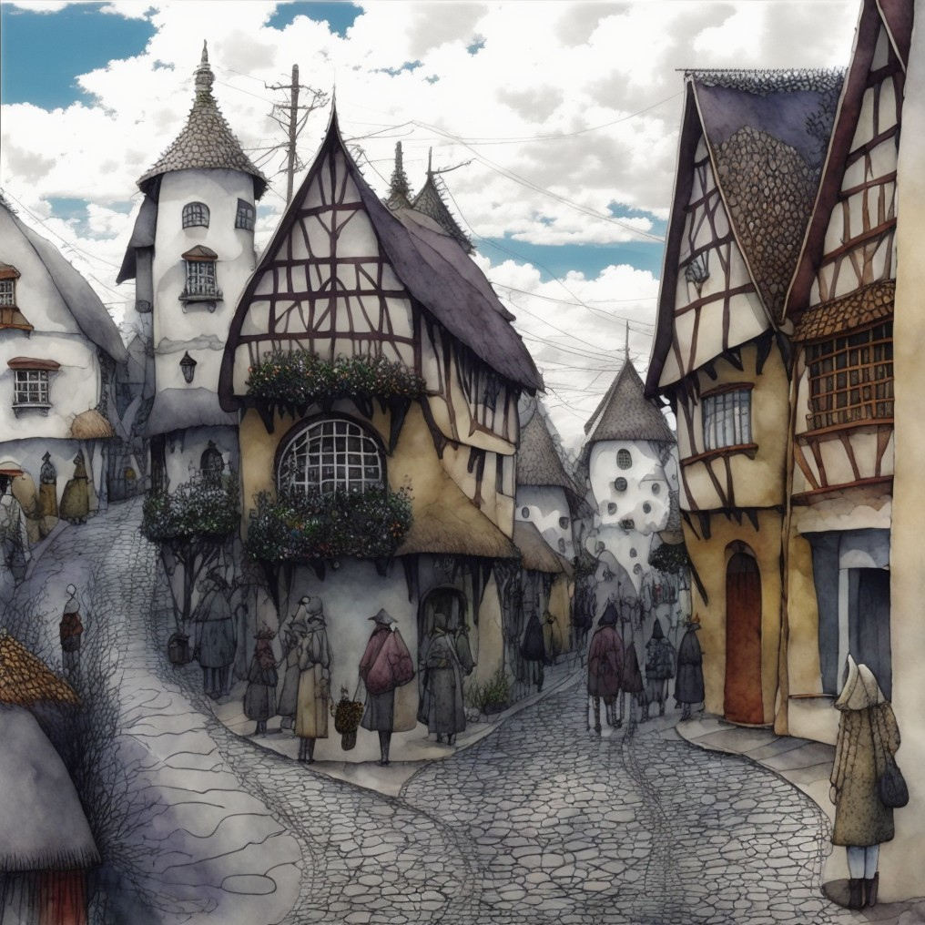 Medieval Village Scene with Half-Timbered Houses