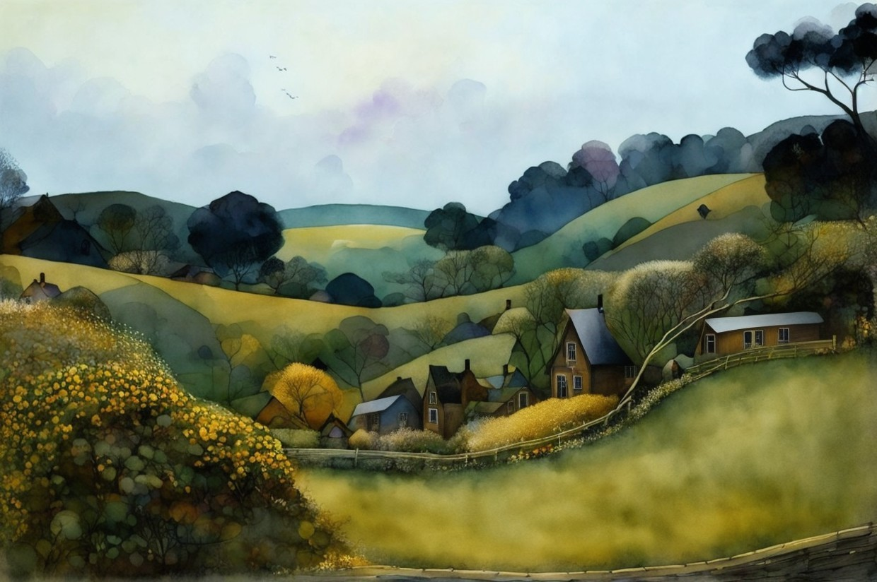 Serene Countryside Landscape with Rolling Hills and Cottages