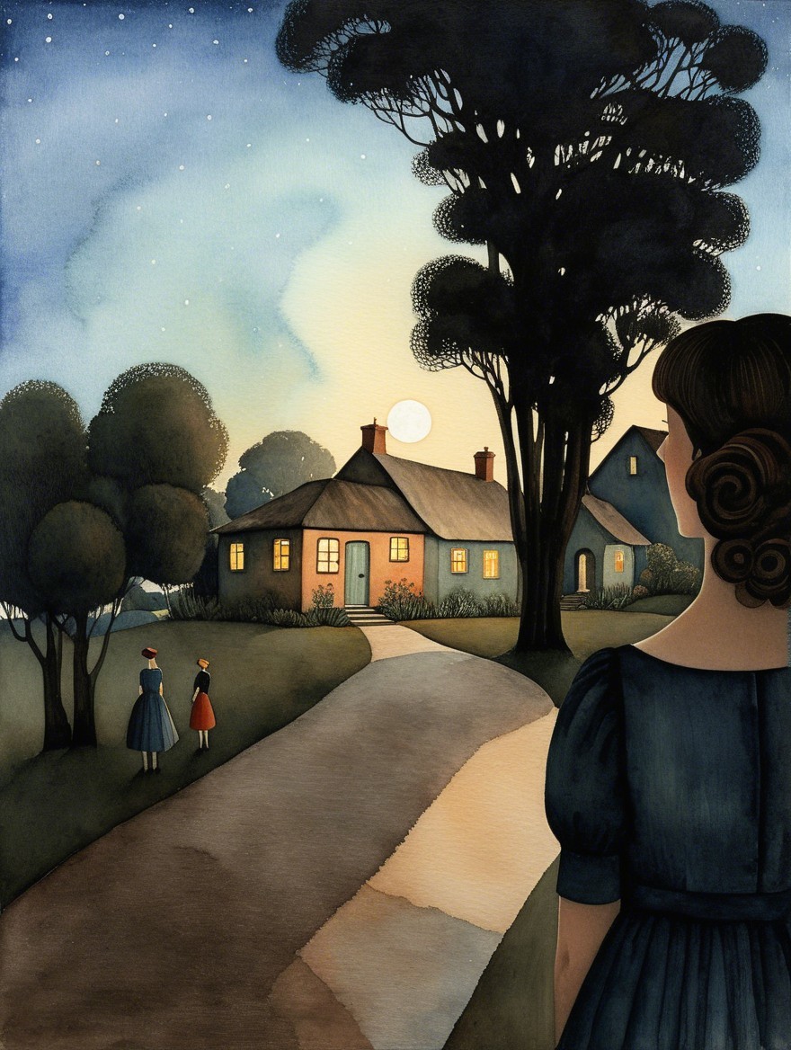 Twilight Scene with Woman in Blue Dress and Cozy House