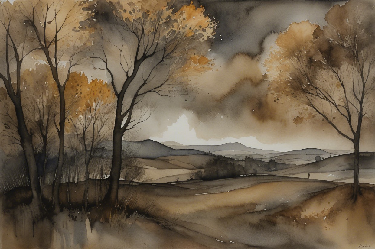 Tranquil Autumn Landscape with Trees and Mountains