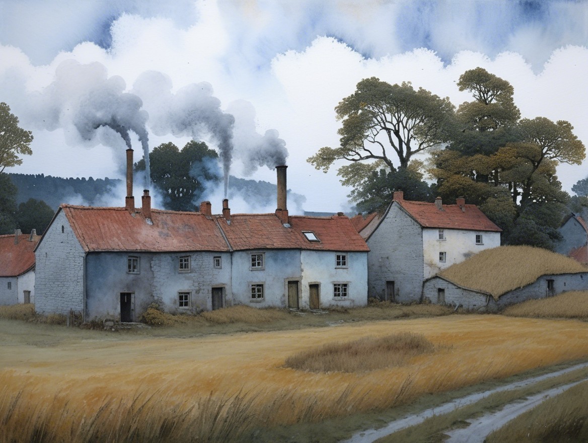 Serene countryside scene with quaint houses and fields