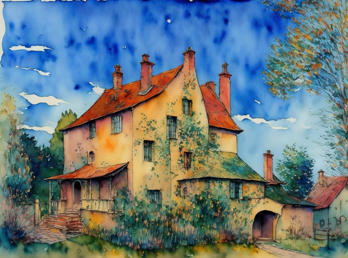 Rustic house with red rooftops under blue sky