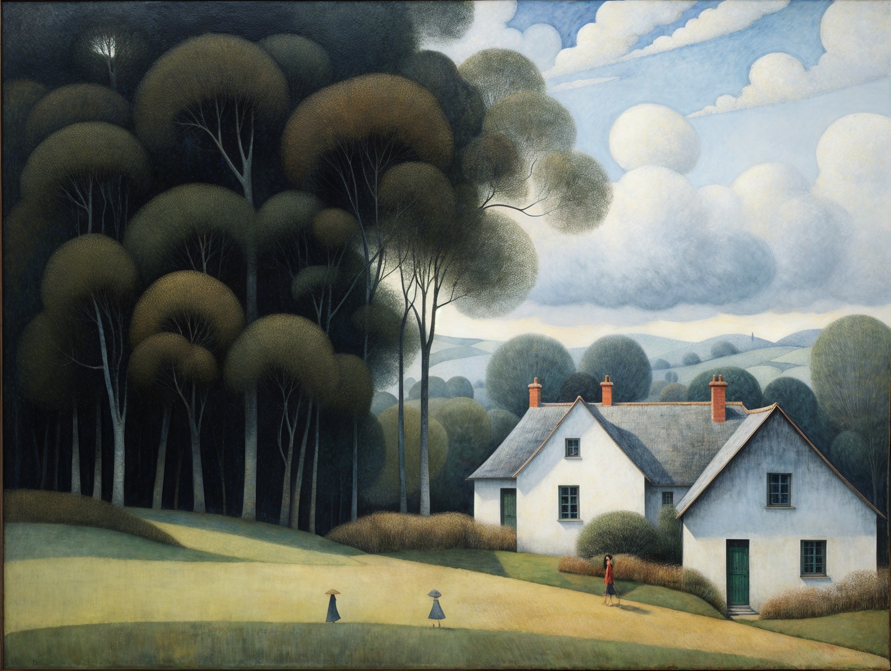 Serene Landscape with White House and Lush Trees