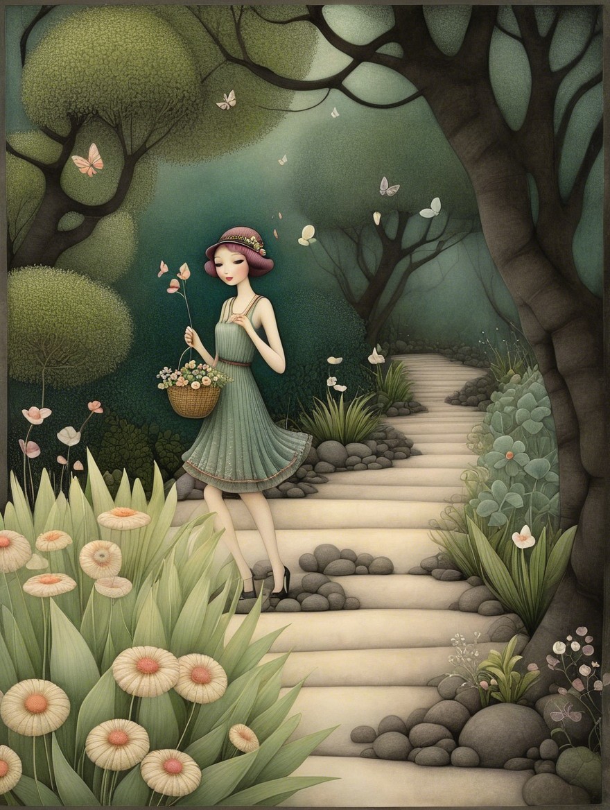 Whimsical Garden Scene with Woman and Butterflies