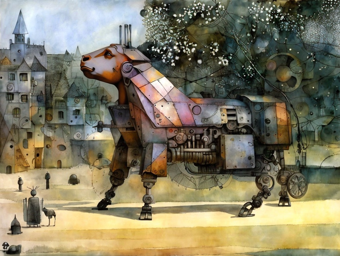 Oversized Mechanical Lion in Surreal Dreamlike Landscape