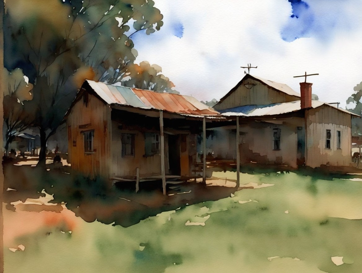 Watercolor of Rustic Buildings in Tranquil Landscape