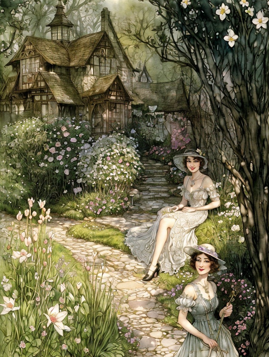 Serene Garden Scene with Women and Cottage Background