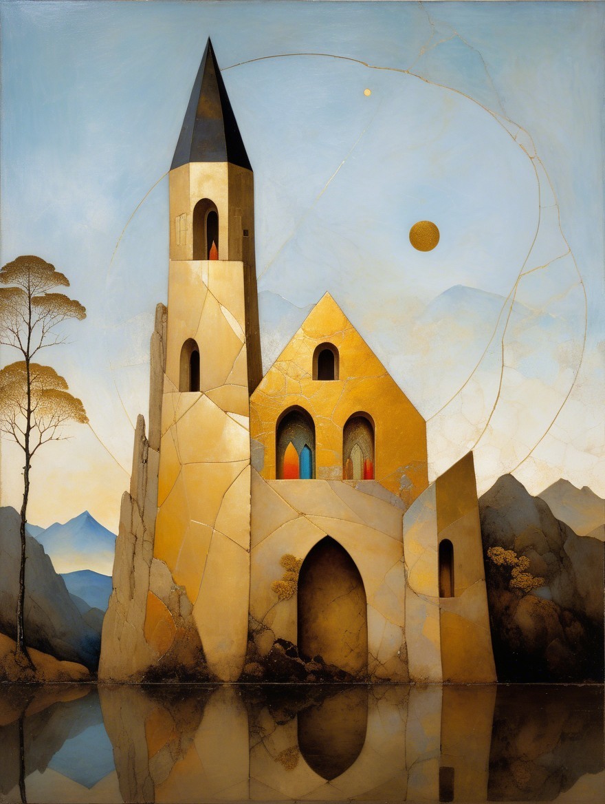 Golden Castle Structure with Colorful Windows and Mountains