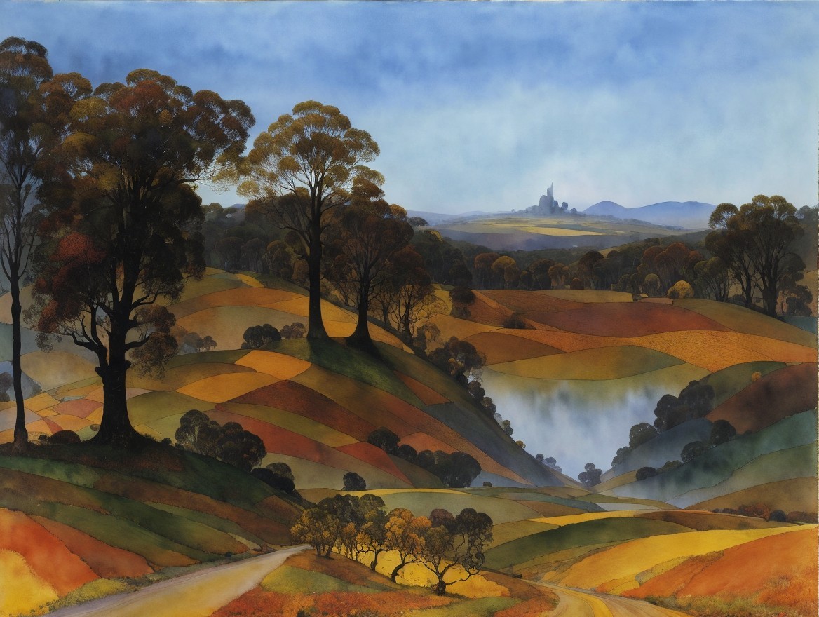Autumn Landscape with Rolling Hills and Silhouetted Trees