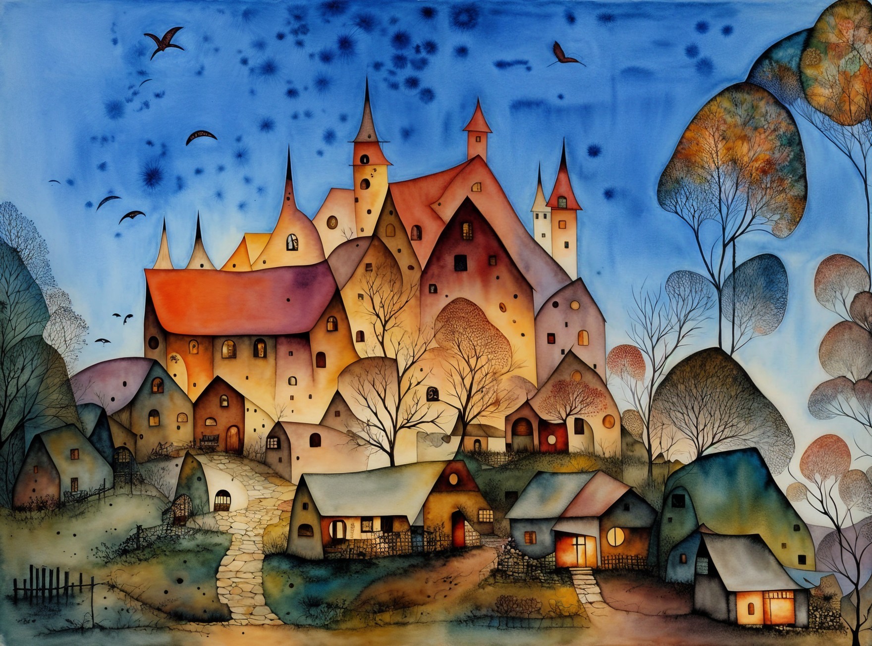 Whimsical Village Landscape with Castle at Twilight