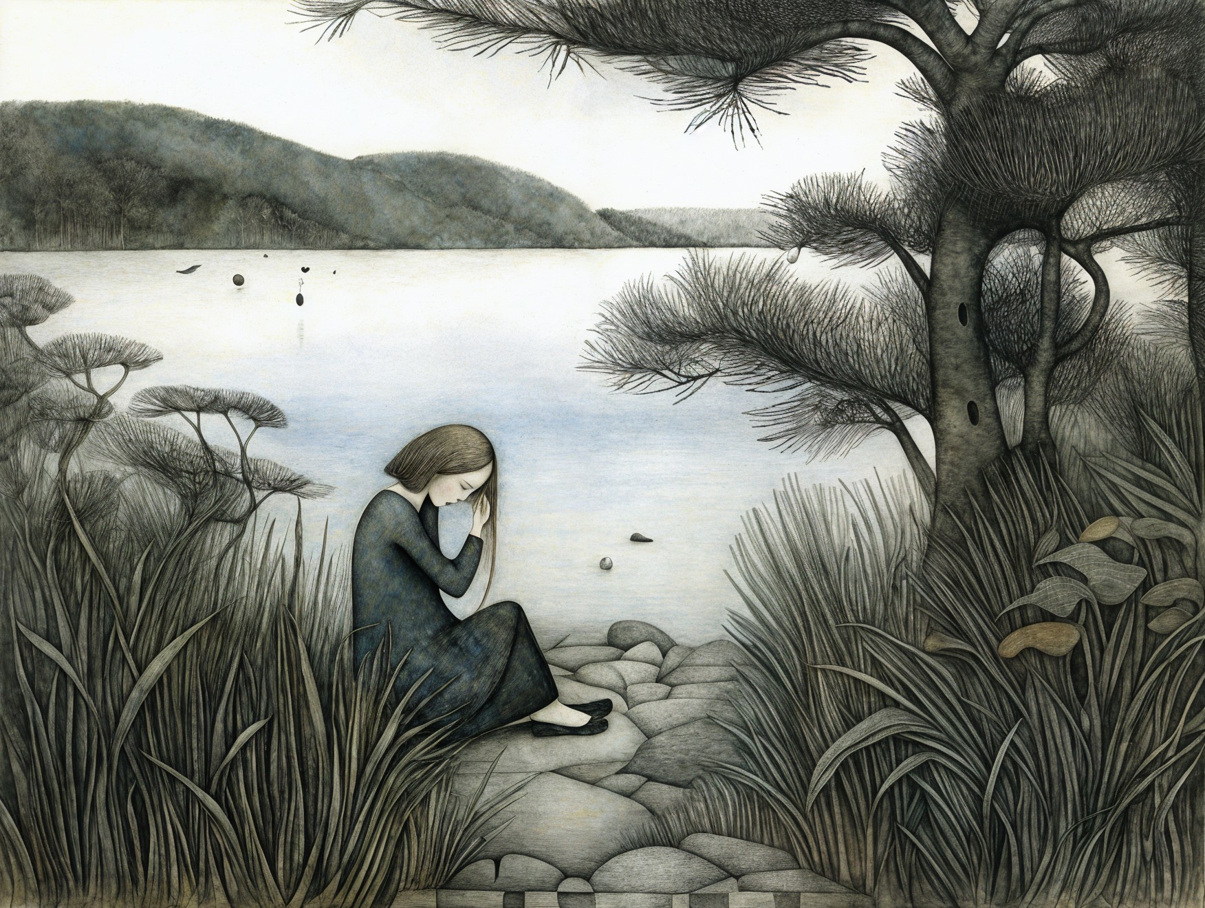 Serene Landscape with Girl by Calm Lake