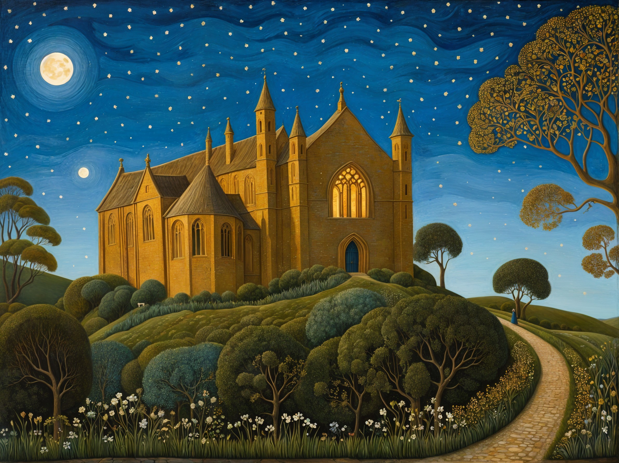 Golden Church on Hills Under Moonlit Sky