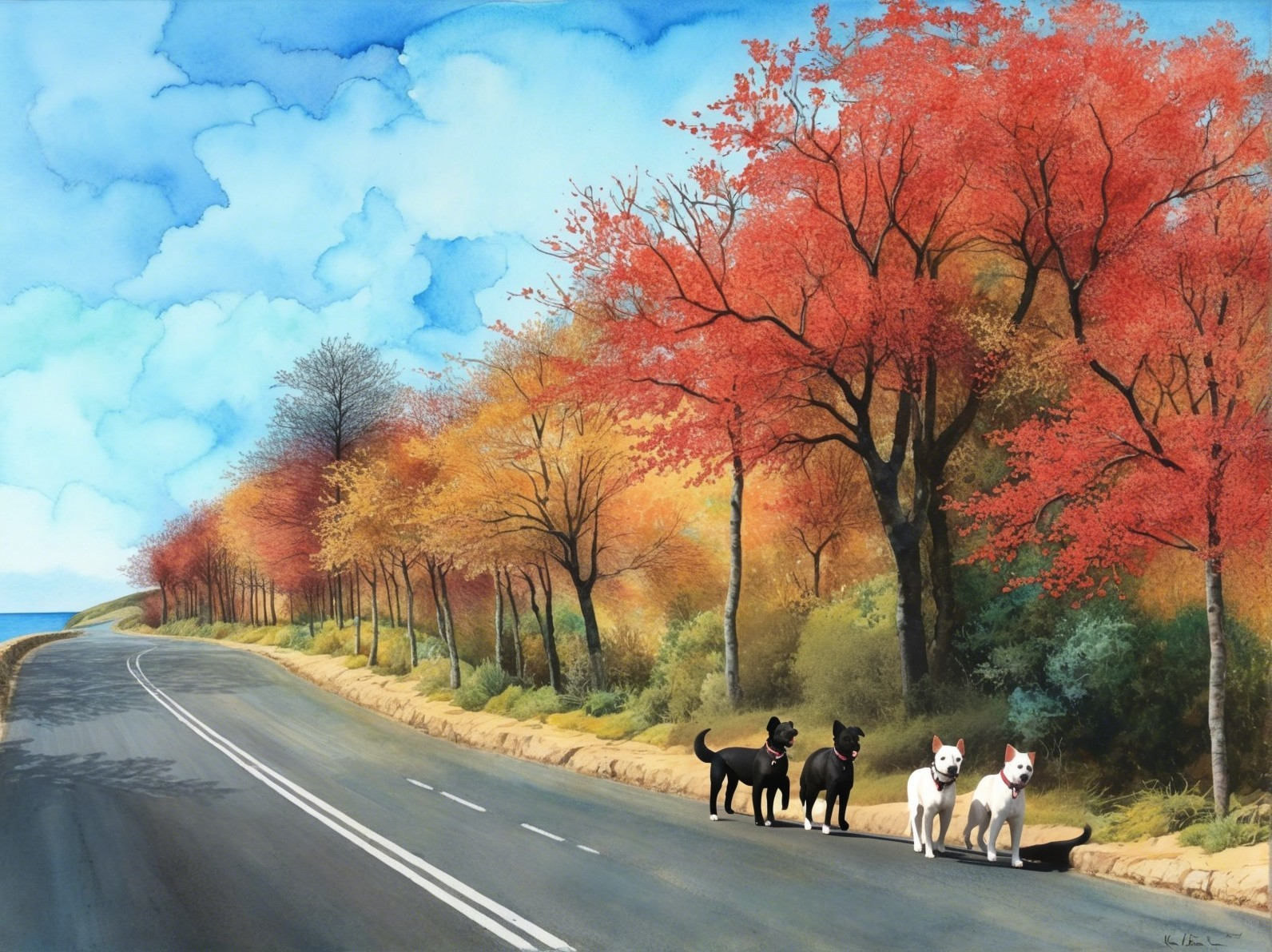 Autumn Landscape with Dogs and Vibrant Foliage