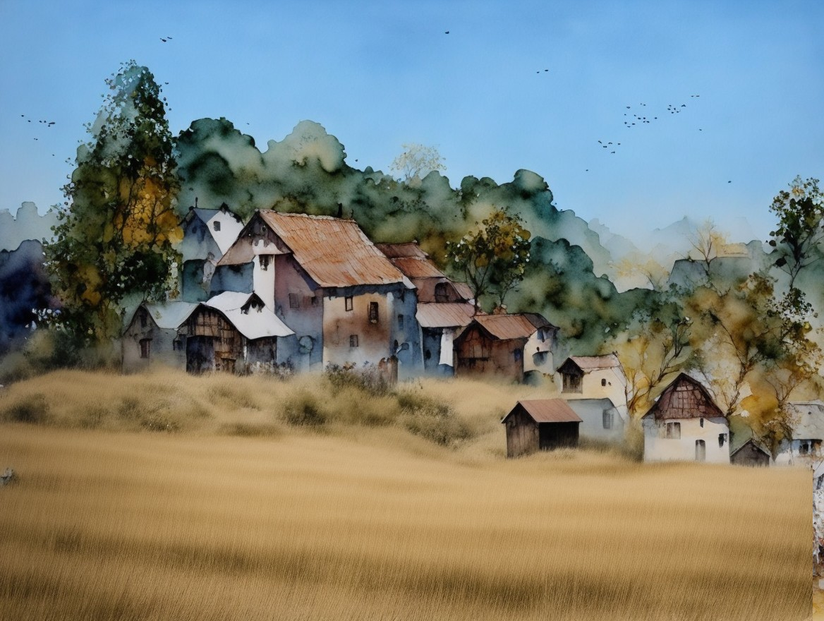 Rustic Houses in Serene Countryside Landscape