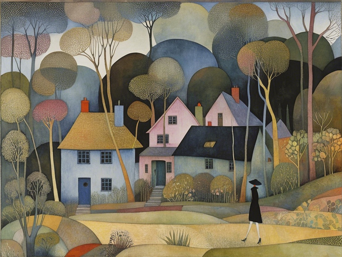 Serene countryside landscape with colorful houses and trees