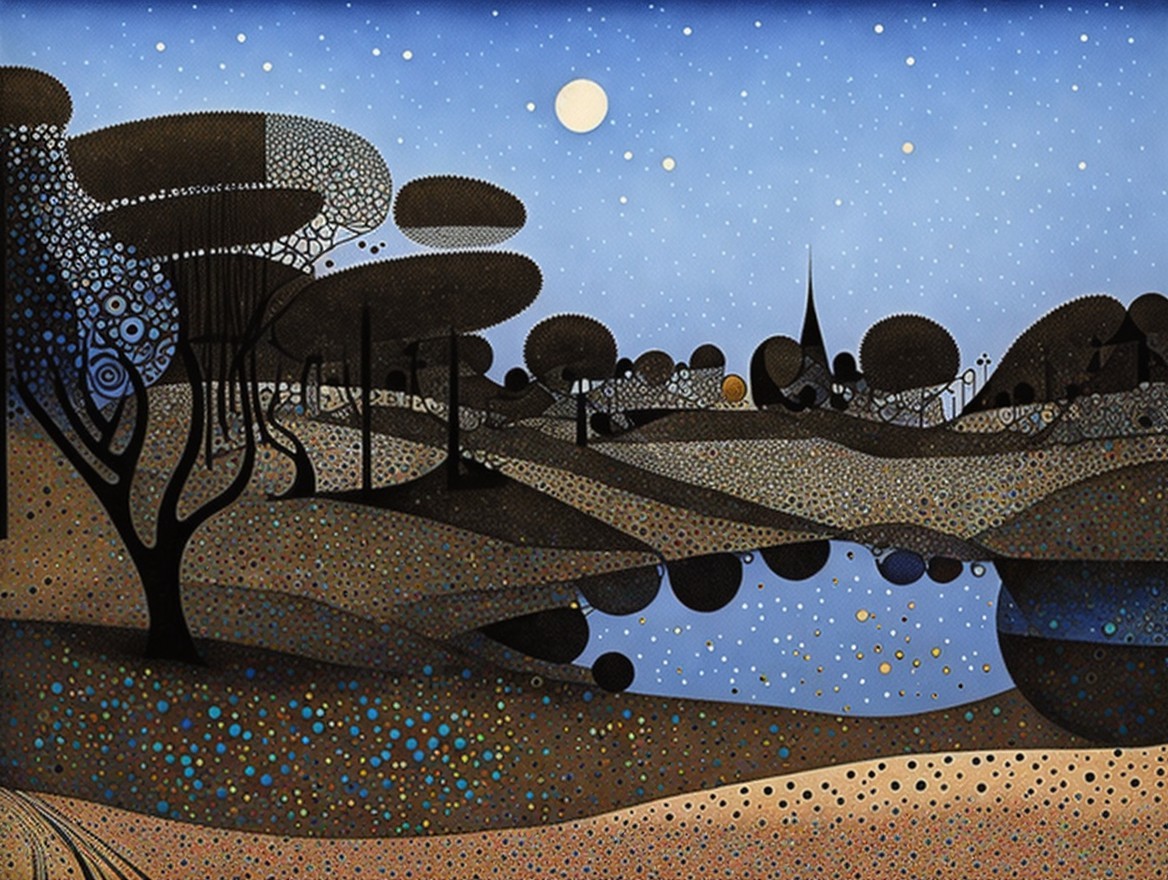 Twilight Landscape with Lake and Silhouette of Steeple