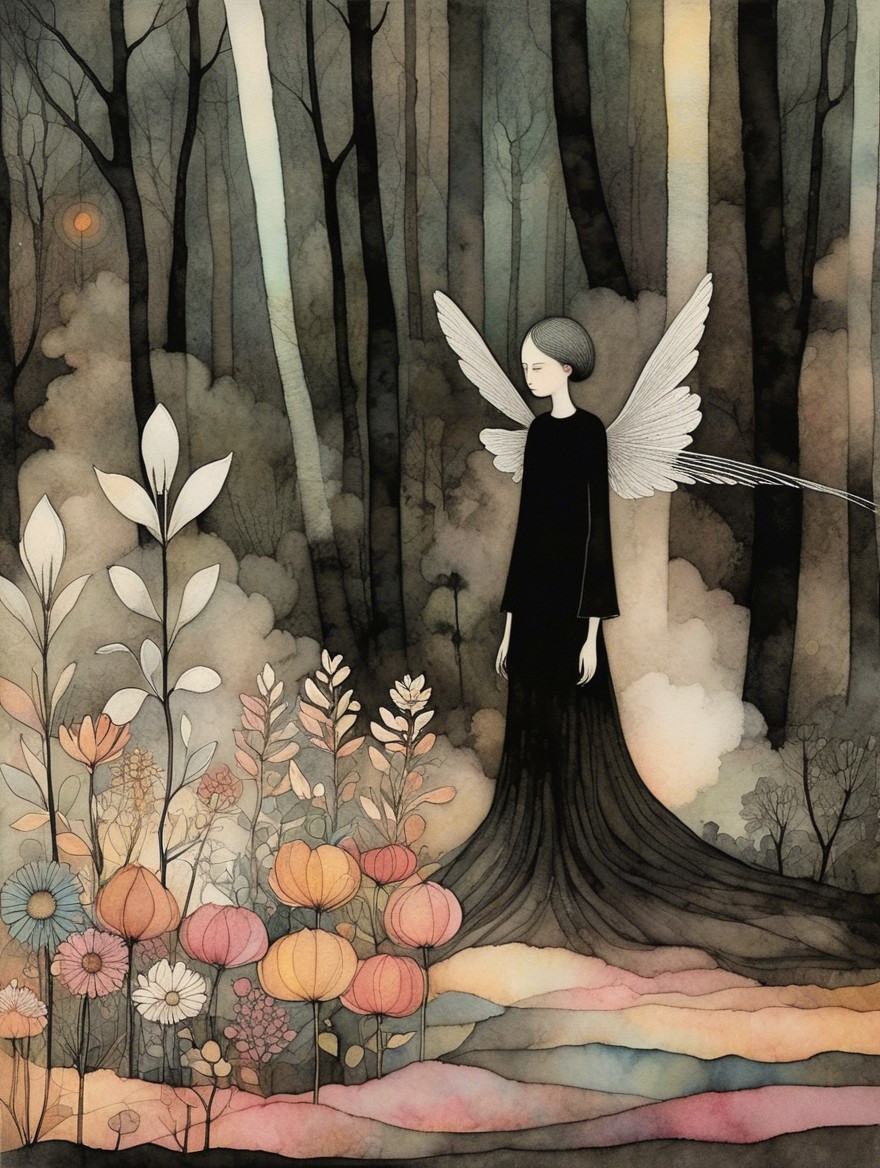 Mystical Forest Scene with Ethereal Flowers and Wings