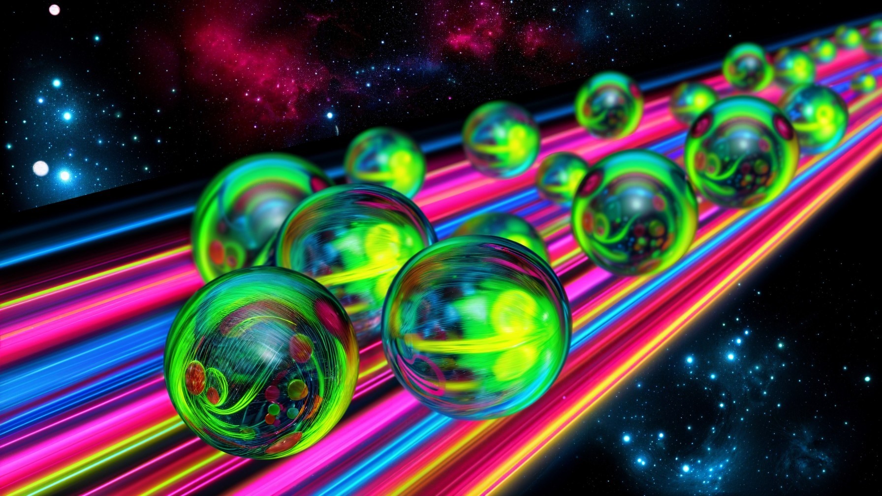 Vibrant Cosmic Scene with Glowing Spheres and Light Beams