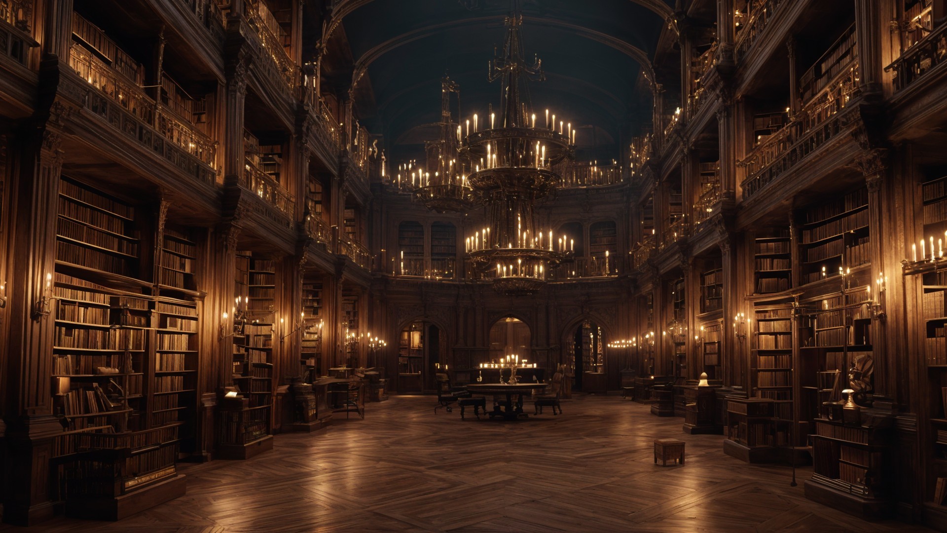 Grand Dimly Lit Library with Towering Bookshelves