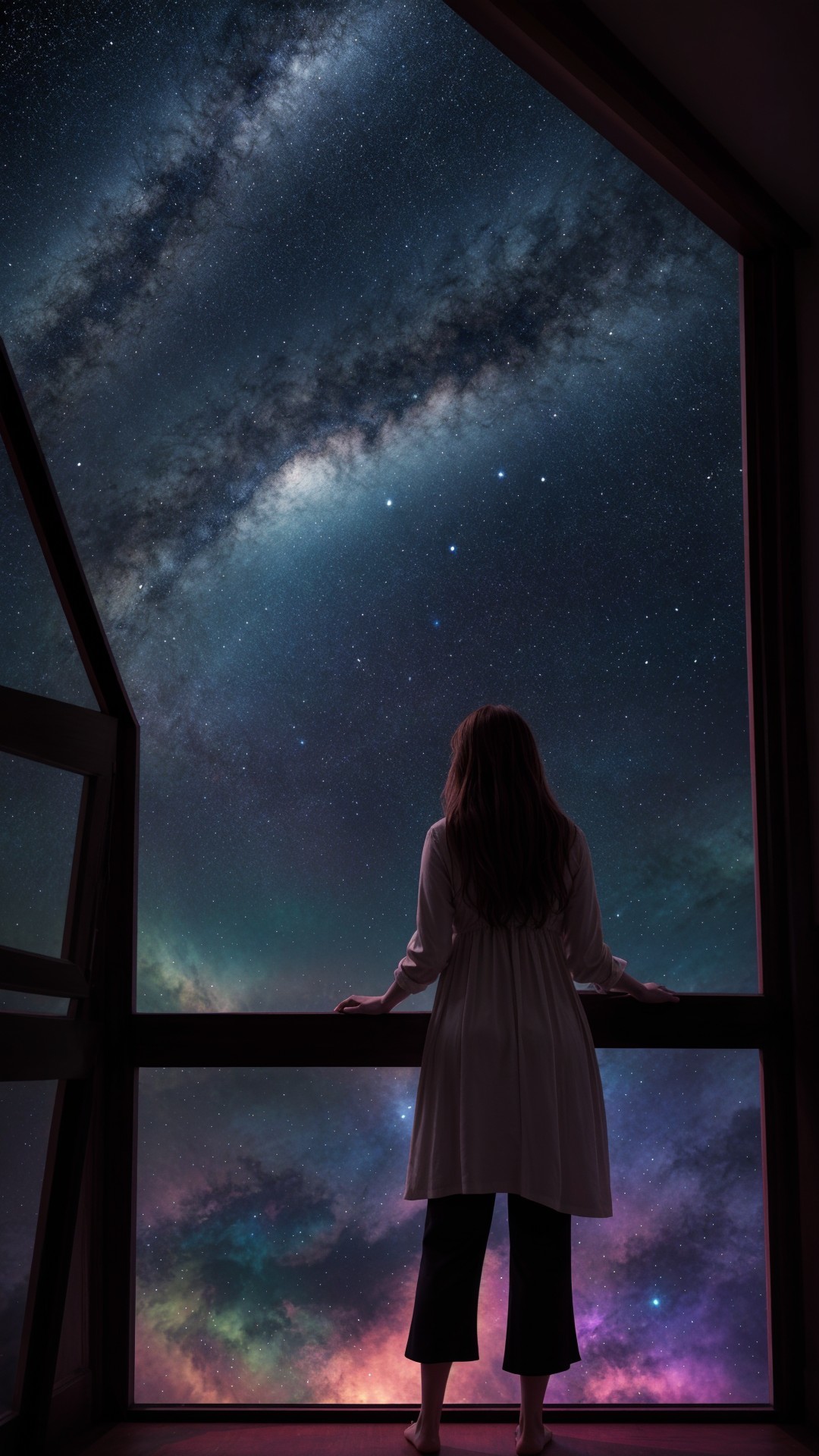 Woman gazing at a cosmic scene through a window