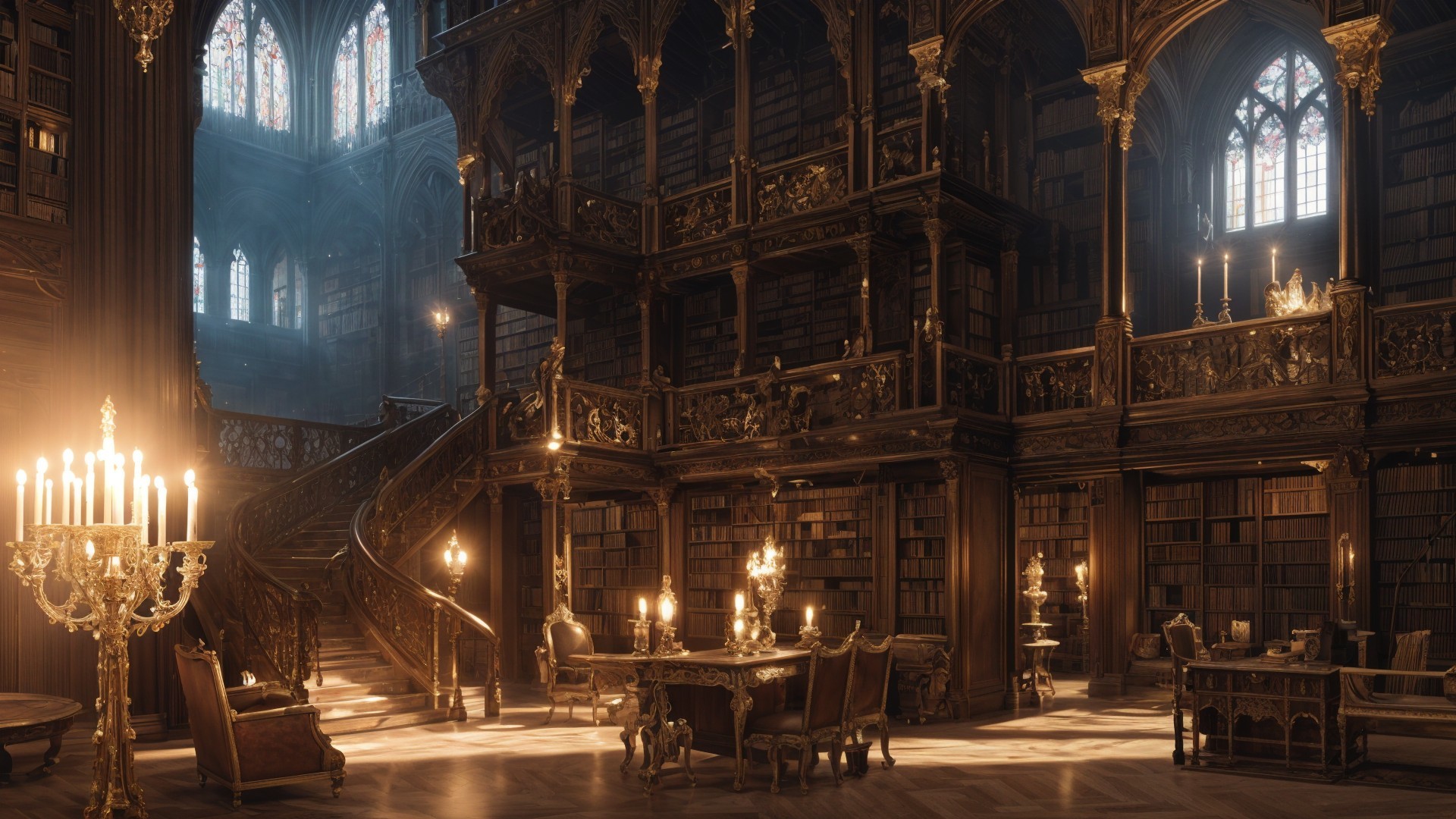 Opulent library with carved shelves and stained glass windows