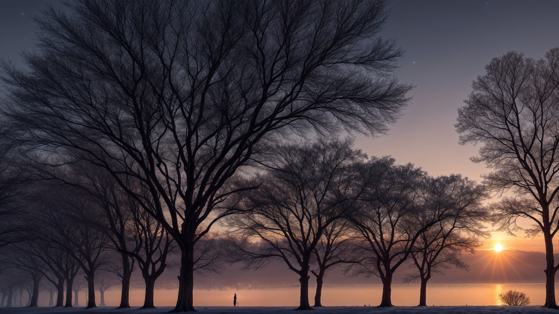 Dusk Scene with Silhouetted Trees and Water Reflection