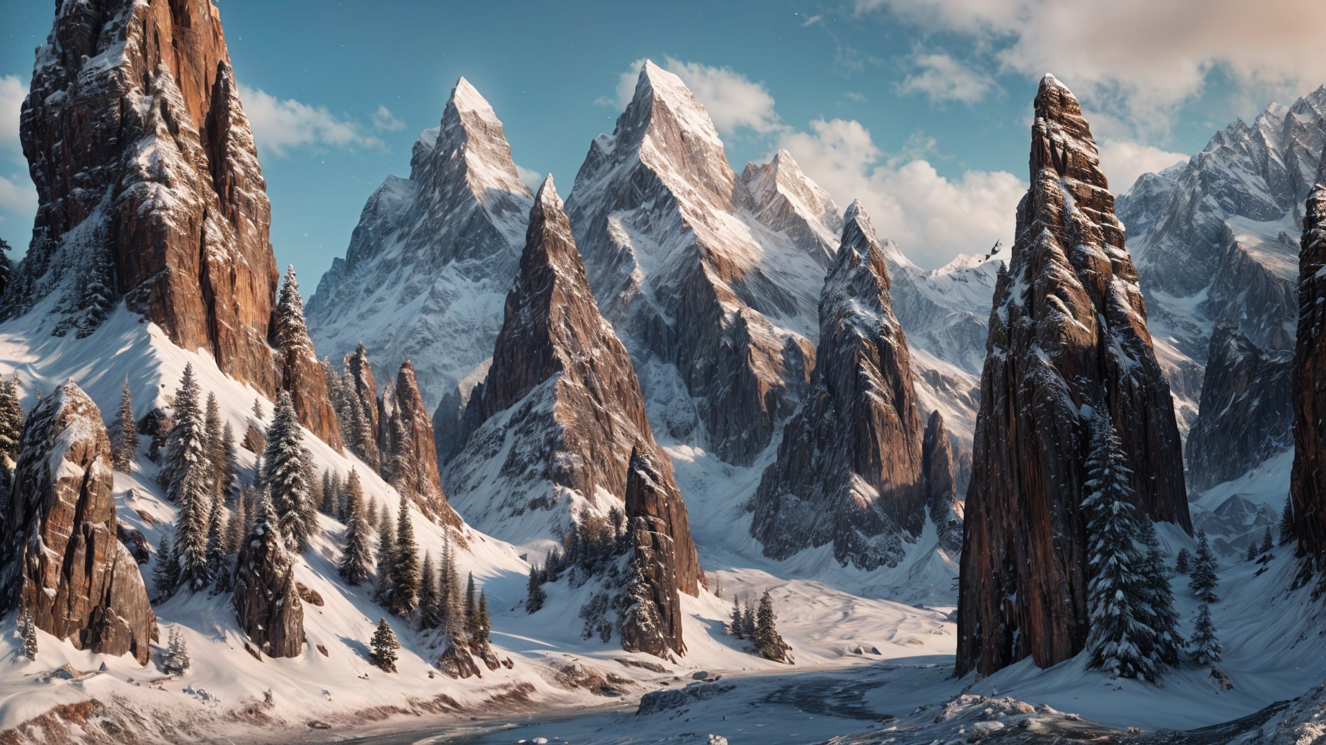 Winter Landscape with Snow-Capped Mountains and River