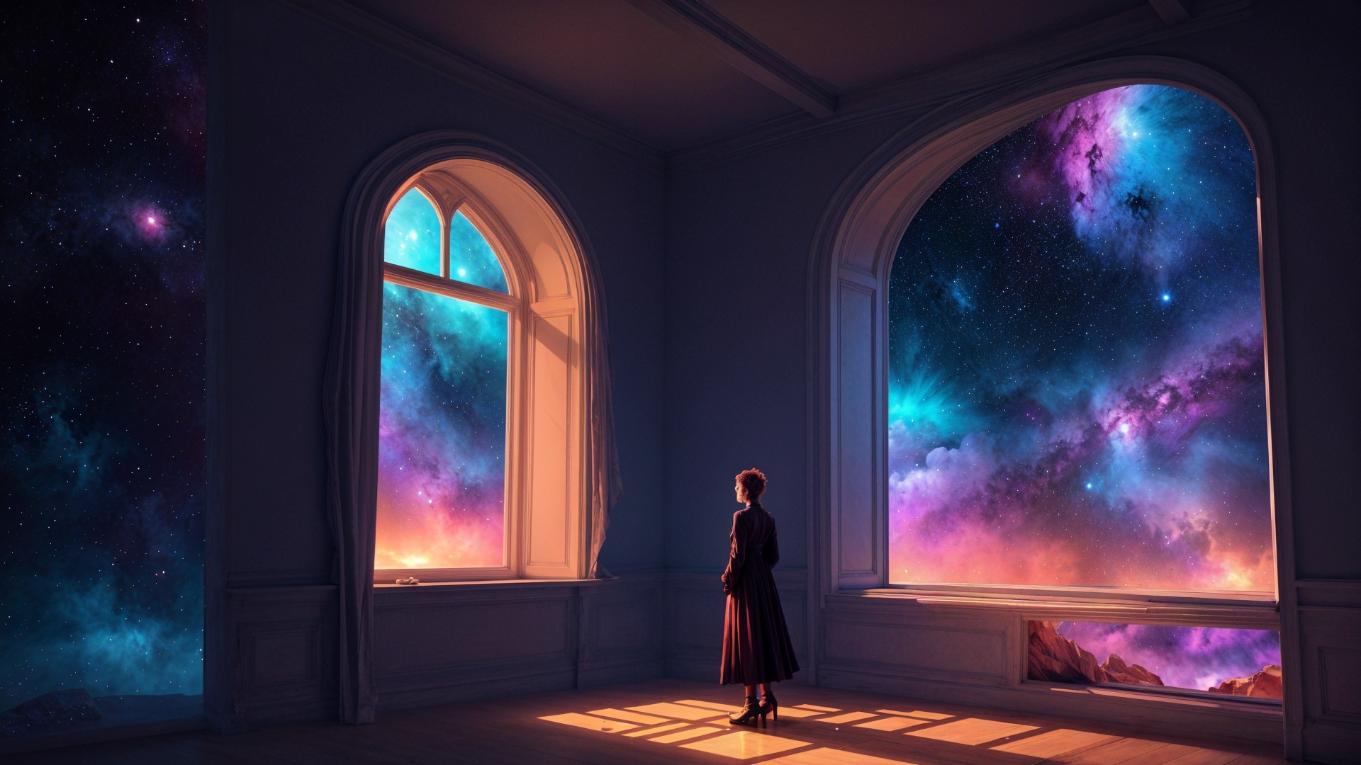 Spacious Room with Arched Windows and Cosmic View