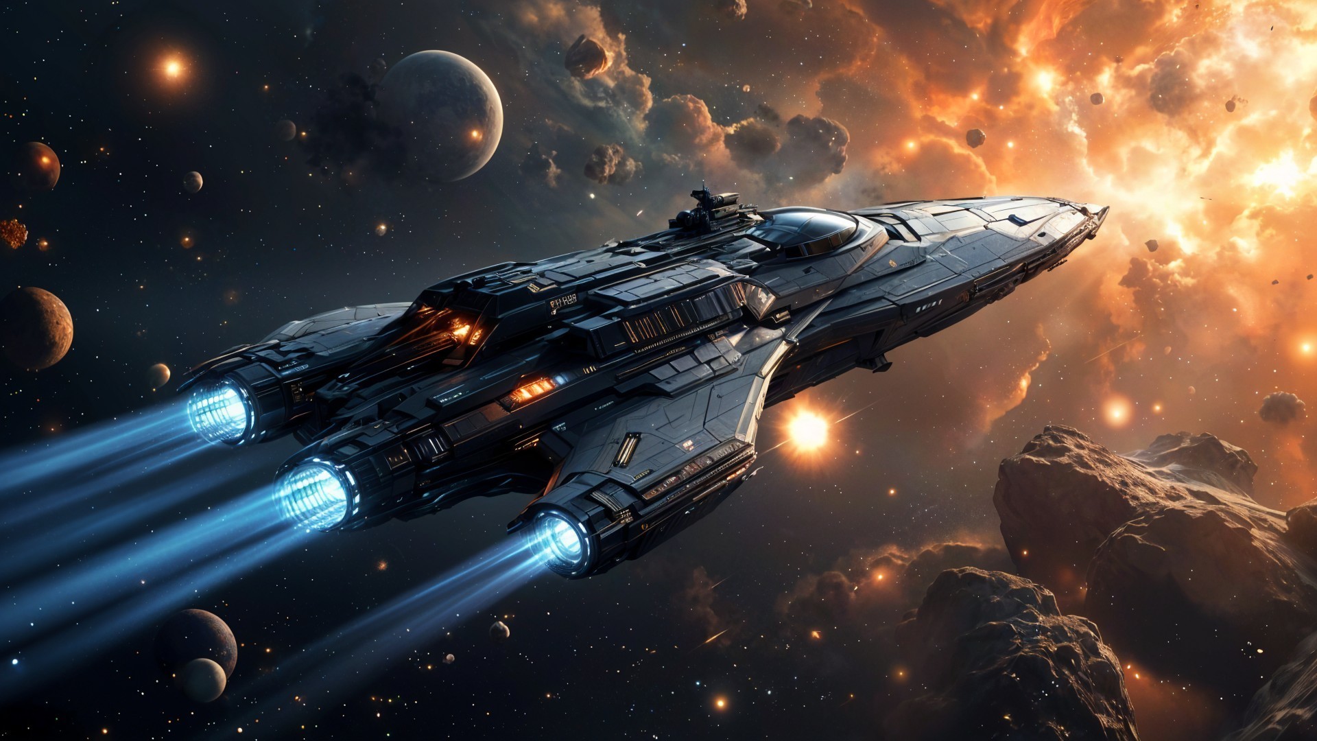 Futuristic spaceship in vibrant cosmic landscape