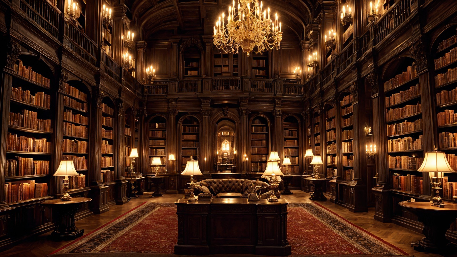 Grand Dimly Lit Library with Ancient Tomes and Elegance