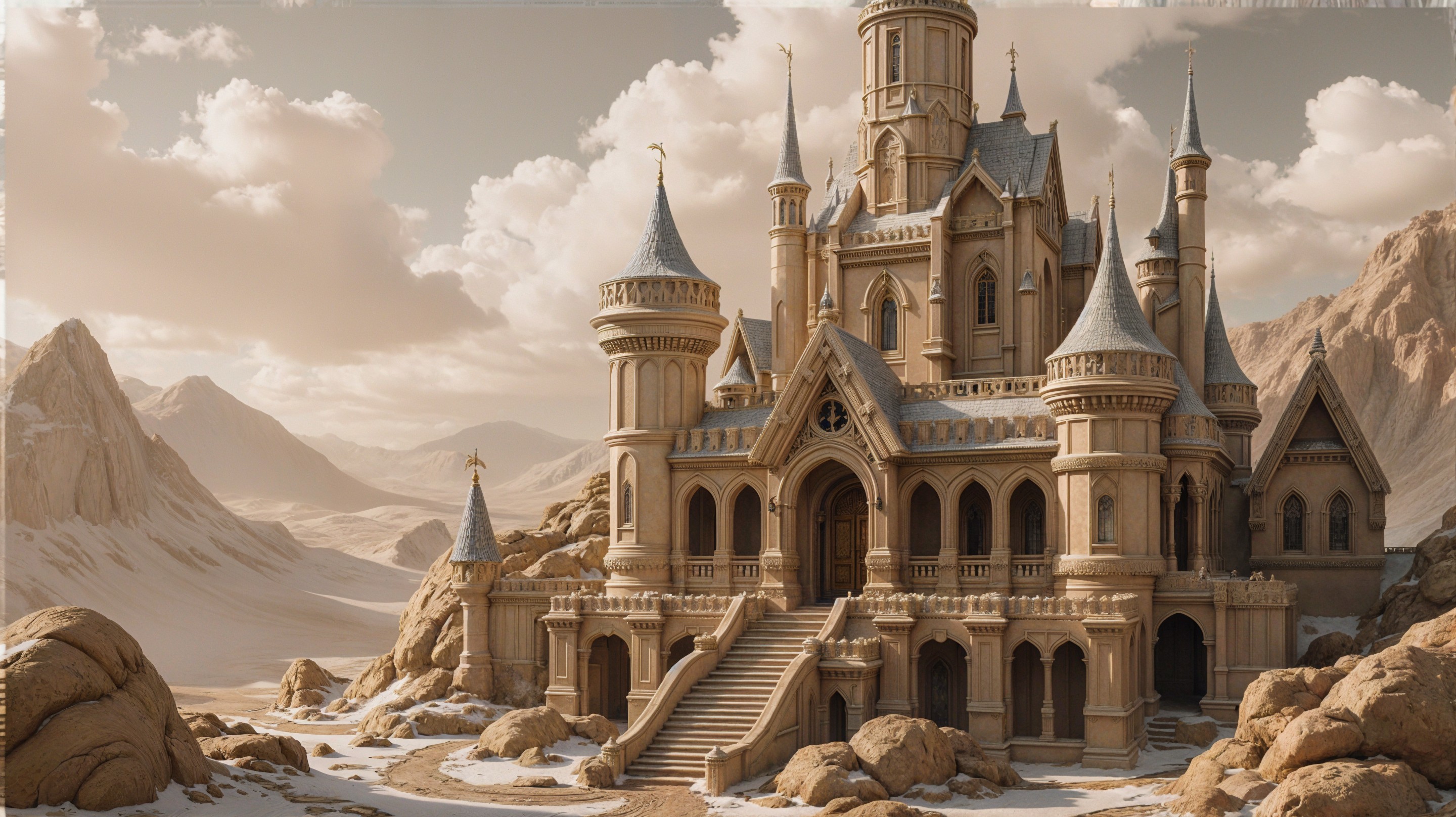 Majestic castle on rocky foundation in desert landscape