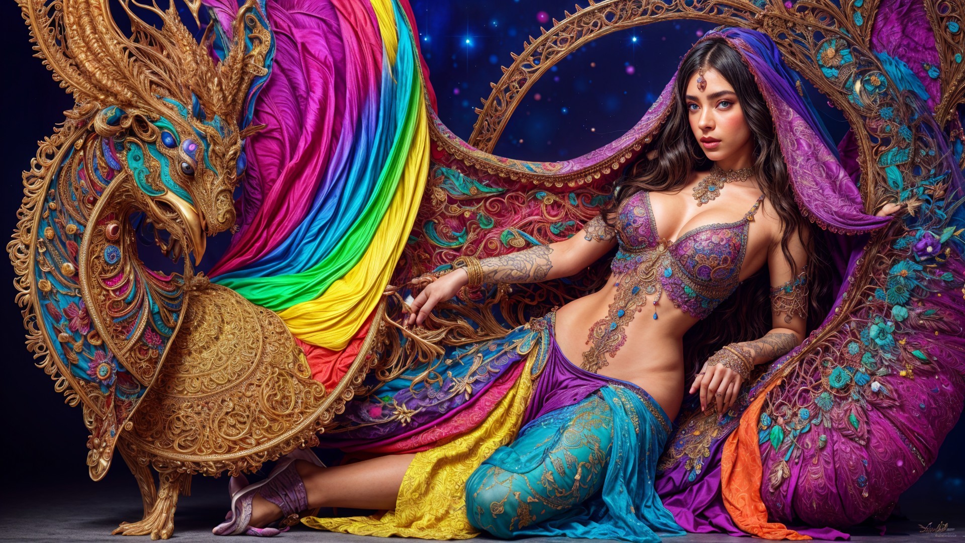 Model in Vibrant Attire Against Ornate Dragon Backdrop