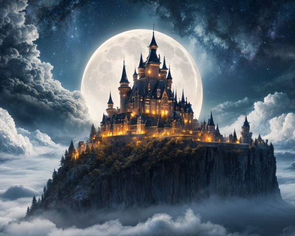 Majestic castle on a cliff under a full moon